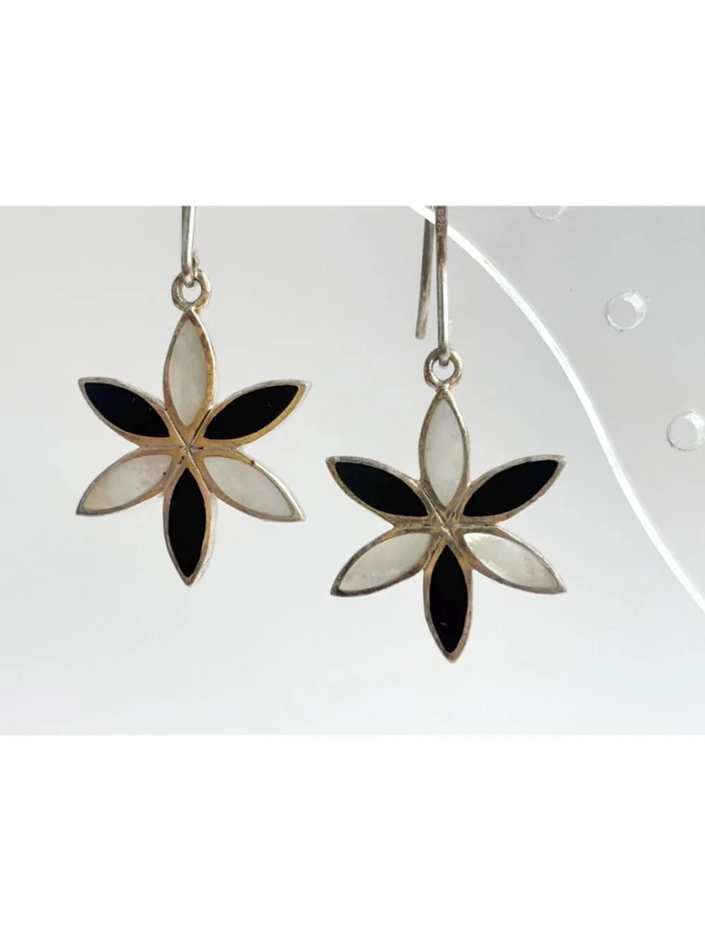 Plumeria Floral Mother of Pearl Black Onyx Vintage Sterling Silver 925 Earrings
